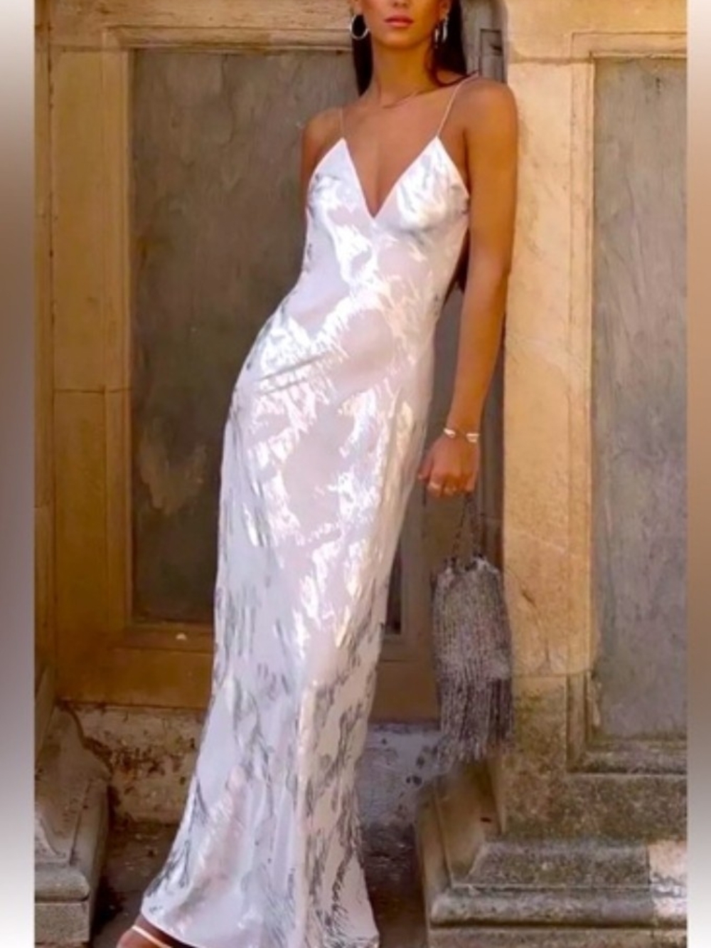 Zara Silver-White Satin V-Neck Maxi Slip Dress